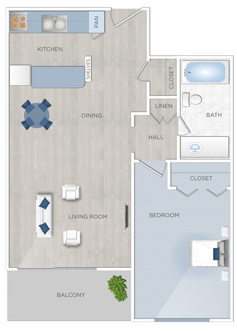 Floor plan for 1 bed, 1 bath, 588 sqft